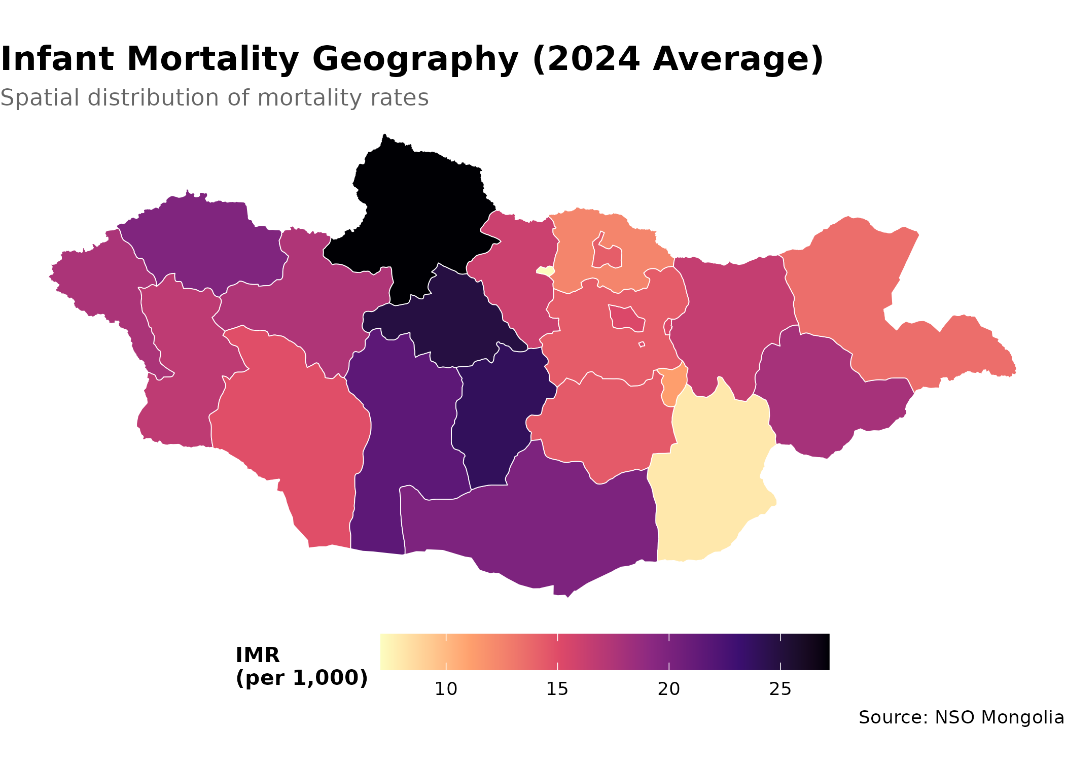 Choropleth map of infant mortality rates across Mongolia