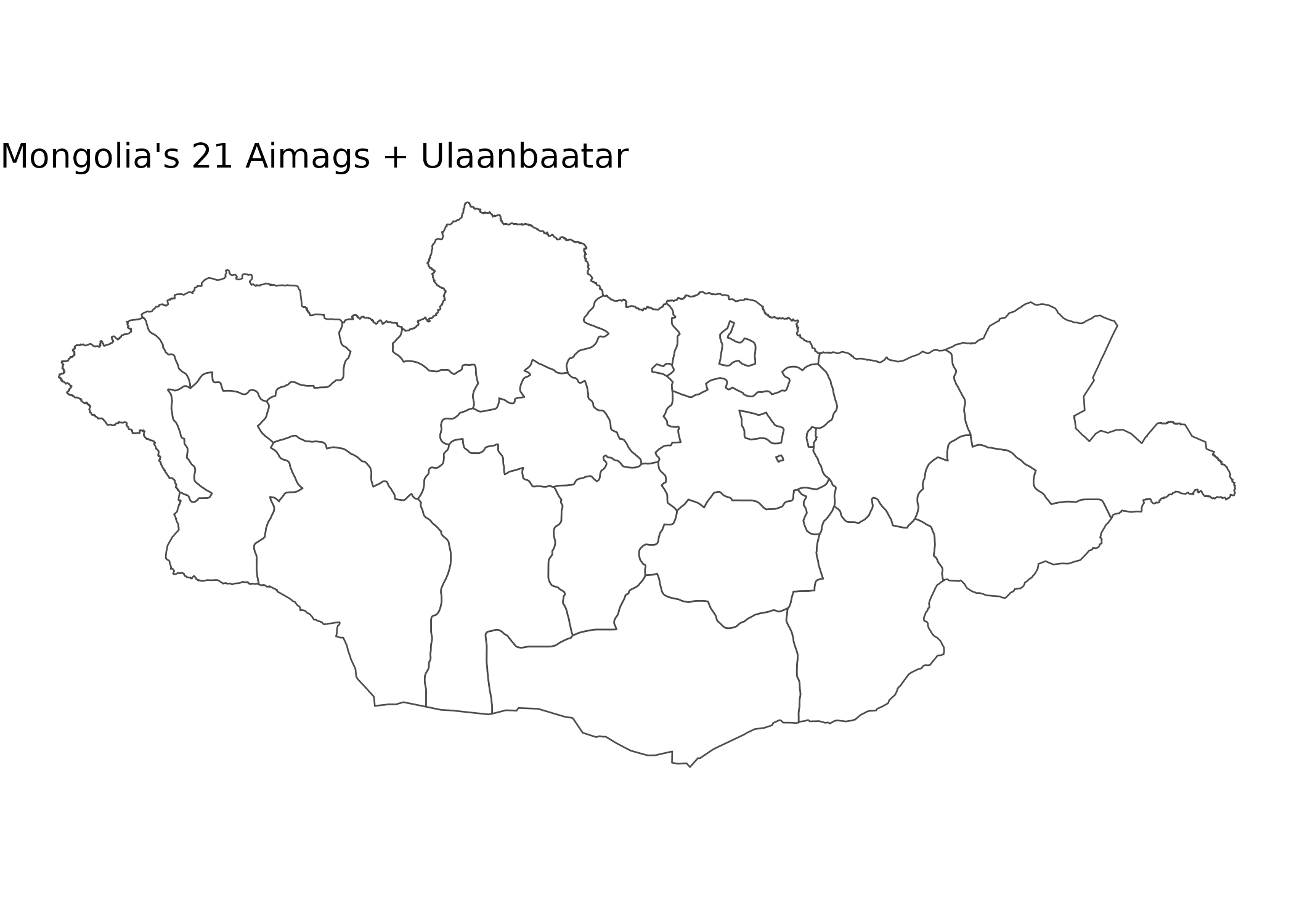 Map showing the 21 aimags (provinces) and Ulaanbaatar capital of Mongolia with white fill and grey borders